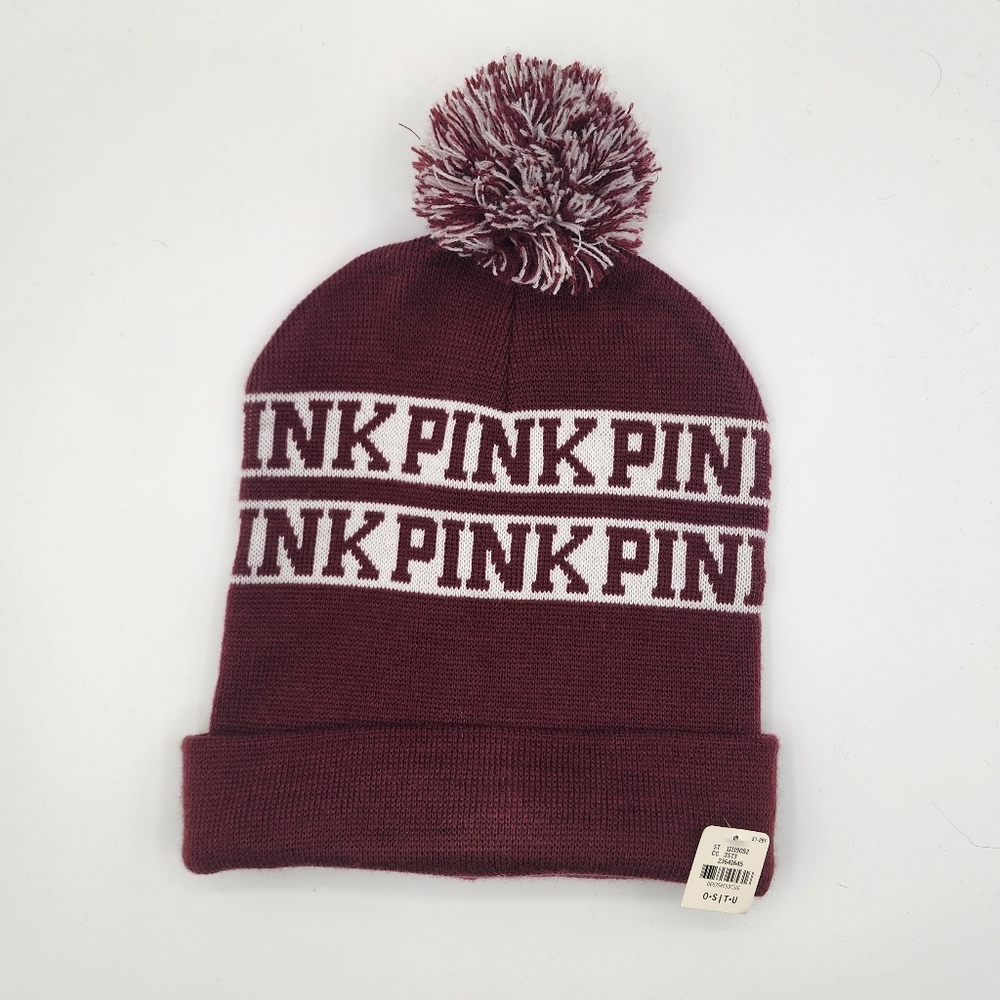 NWT PINK Victoria's Secret Logo Pom Beanie Burgundy